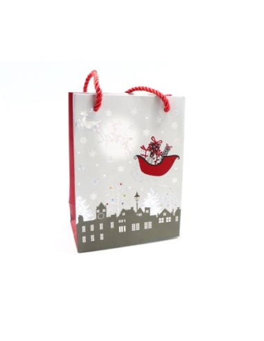 Pochette cadeaux papier cartonné glacé motif Noël renne traineau gris argenté, rouge et blanc