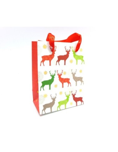 Pochette cadeaux papier cartonné glacé motif Noël renne étoile sur fond blanc