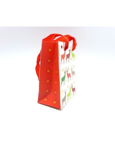 Pochette cadeaux papier cartonné glacé motif Noël renne étoile sur fond blanc