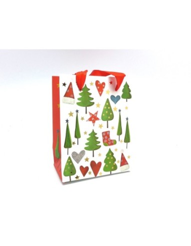Pochette cadeaux papier cartonné glacé motif Noël sapin, bonnet, botte sur fond blanc