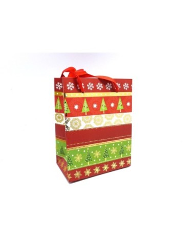 Pochette cadeaux papier cartonné glacé motif Noël sapin, flocon de neige sur fond rouge