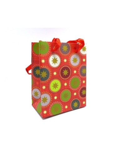 Pochette cadeaux papier cartonné glacé motif Noël boule et étoile doré sur fond rouge