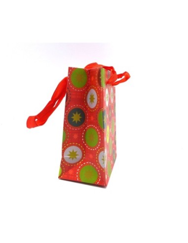 Pochette cadeaux papier cartonné glacé motif Noël boule et étoile doré sur fond rouge