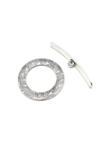 Grand Fermoir rond en T toggle en métal argenté travaillé 43mm