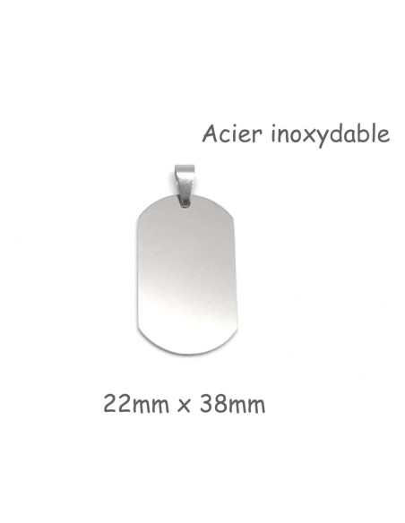 Pendentif plaque à graver message argenté en métal acier inoxydable 22mm x 38mm