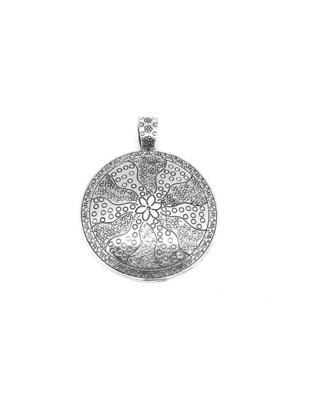 Grand pendentif rond en métal argenté travaillé motif soleil fleur 67mm