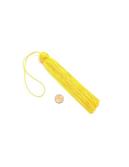 grand pompon jaune moutarde, bouton d'or doux et brillant avec noeud chapeau 15cm