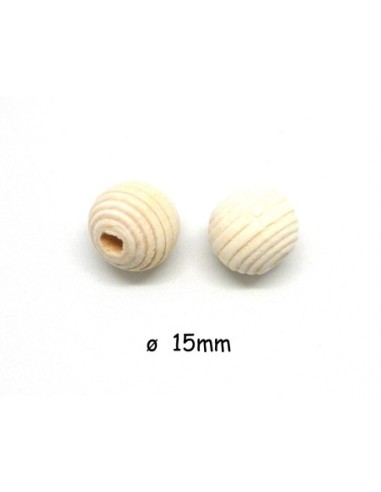 perle en bois ronde strié 15mm de couleur bois naturel, beige