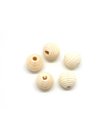 perle en bois ronde strié 15mm de couleur bois naturel, beige
