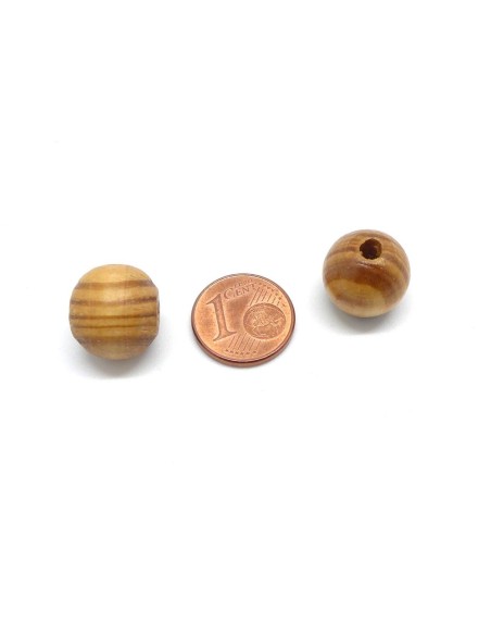 perle en bois ronde 14mm marron noisette rayé à gros trou
