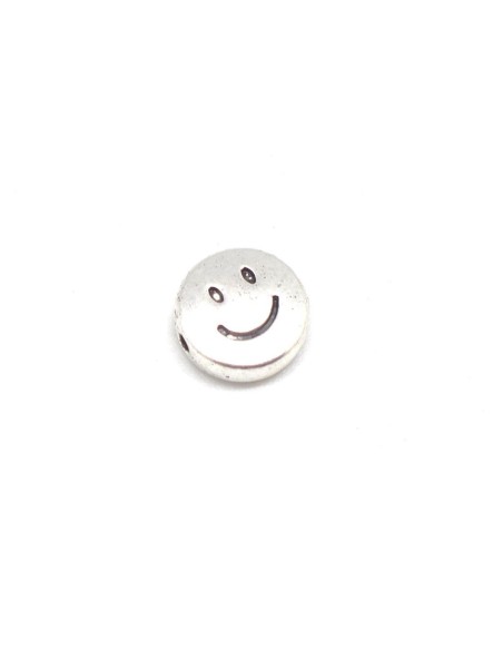 Perle en métal argenté ronde pastille motif smile sourire 10mm