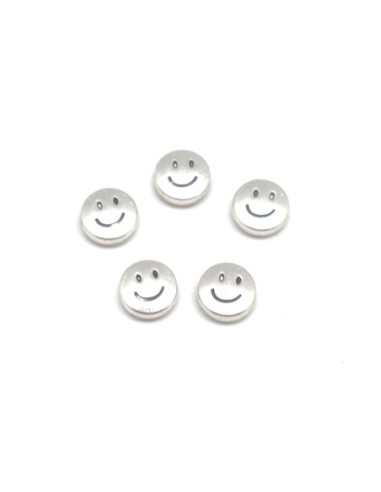 Perle en métal argenté ronde pastille motif smile sourire 10mm