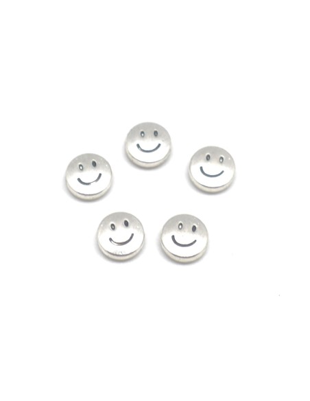 Perle en métal argenté ronde pastille motif smile sourire 10mm