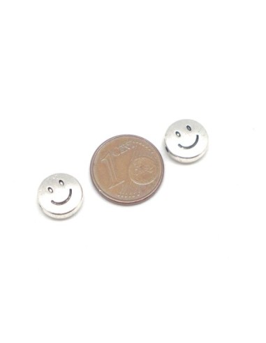 Perle en métal argenté ronde pastille motif smile sourire 10mm