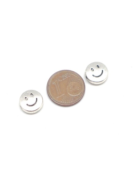 Perle en métal argenté ronde pastille motif smile sourire 10mm