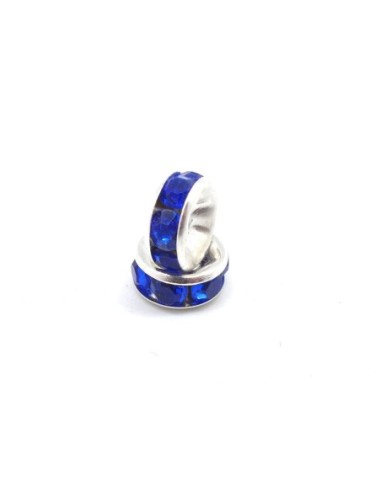 Perle intercalaire rondelle argenté à strass de couleur bleu outremer 8mm