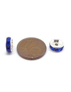 Perle intercalaire rondelle argenté à strass de couleur bleu outremer 8mm 2