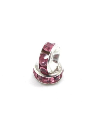 Perle intercalaire rondelle argenté à strass rose pâle 8mm