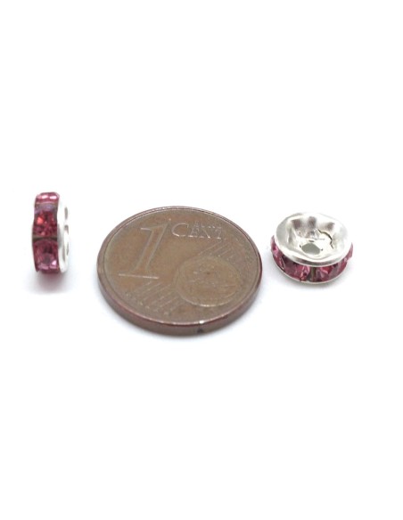 Perle rondelle argenté à strass rose pâle 8mm