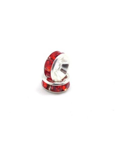 Perle intercalaire rondelle argenté à strass rouge 8mm