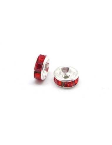 Perle intercalaire rondelle argenté à strass rouge 8mm