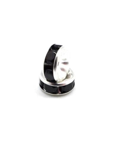 Perle intercalaire rondelle argenté à strass noir 8mm