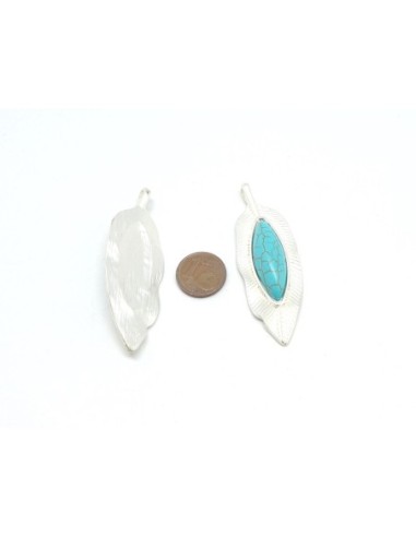 pendentif argenté plume  et pierre turquoise en métal zamac