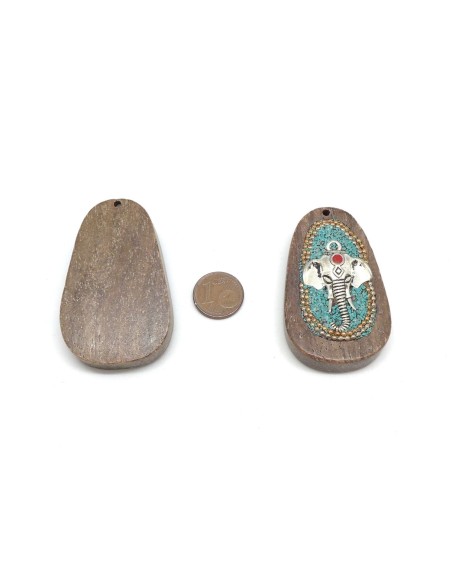 pendentif  éléphant argenté sur support bois style ethnique