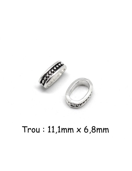 perle passant argenté en métal travaillé pour 2 cordons de 6mm