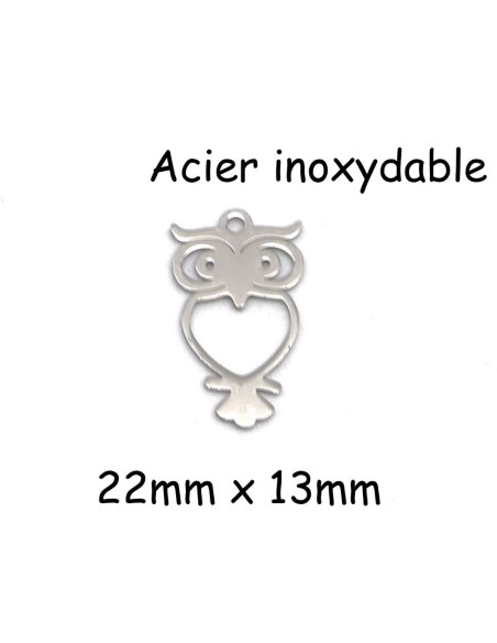 breloque argenté hibou coeur en acier inoxydable métal 22x13mm