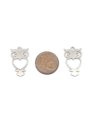 charm argenté hibou coeur en acier inox métal 22x13mm