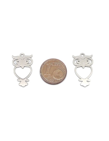 charm argenté hibou coeur en acier inox métal 22x13mm