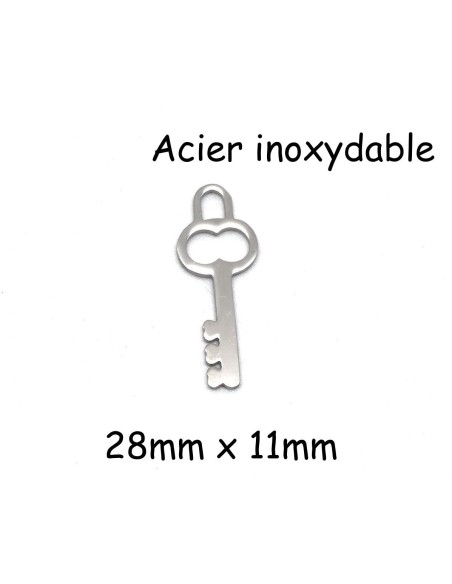 breloque argenté clef en métal acier inoxydable 28mm x 11mm