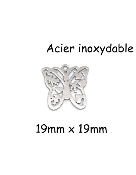 breloque argenté papillon en métal acier inoxydable travaillé 19mm