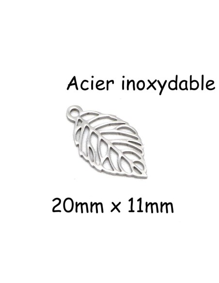 breloque argenté feuille en métal acier inoxydable 20mm x 11mm