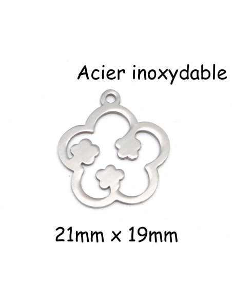 breloque fleur argenté en métal acier inoxydable 21mm