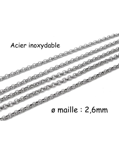 chaînette maille forçat ronde fine argenté en acier inoxydable maillon 2,6mm