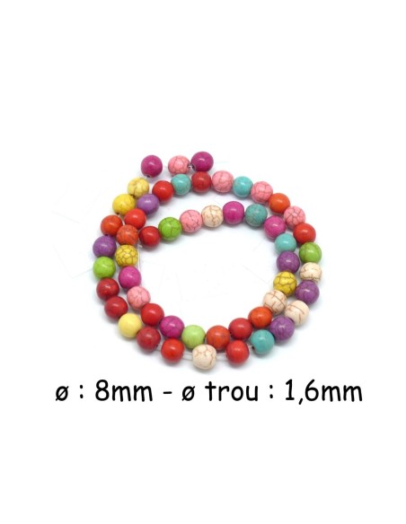 perle ronde 8mm en pierre reconstitué "Howlite" multicolore, coloris assorties