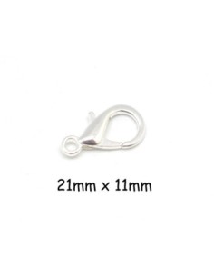 Fermoir mousqueton en métal argenté brillant blanc 21mm x 11mm