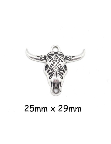 pendentif tête de taureau mexicaine en métal argenté connecteur pas chère 