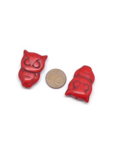 perle Hibou pas chère en pierre synthétique imitation turquoise "Howlite" rouge 28mm x 19mm