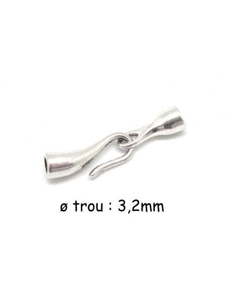 Petit Fermoir crochet pour cordon cuir de 3mm en métal argenté lisse
