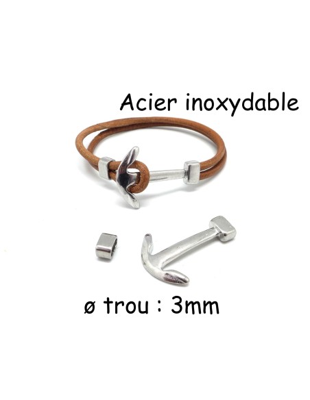 Fermoir ancre marine argente en acier inoxydable avec passant pour cordon de 3mm