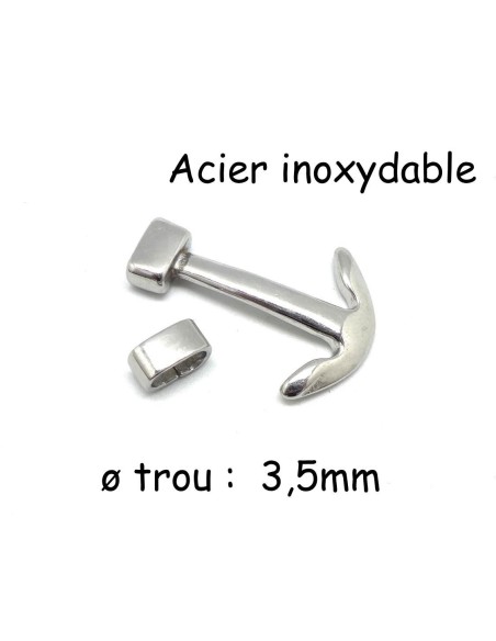Fermoir ancre marine argente en acier inoxydable avec passant pour cordon de 3,5mm