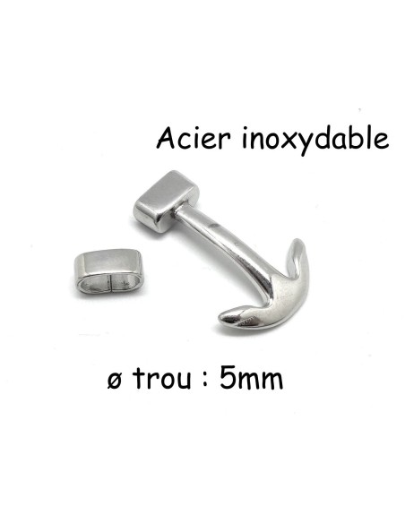 Fermoir ancre marine argente en acier inoxydable avec passant pour cordon de 5mm