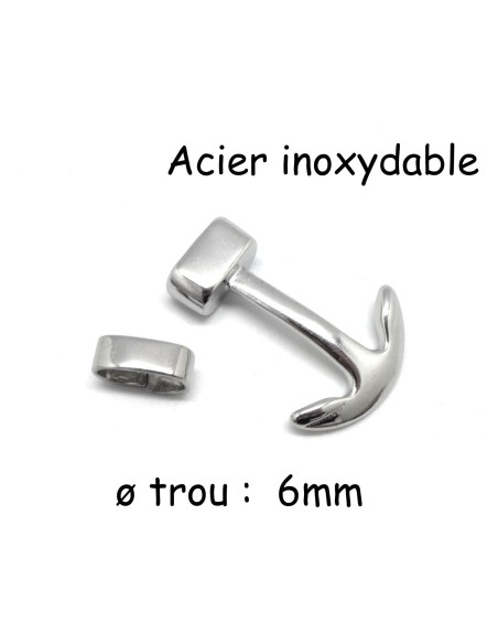 Fermoir ancre marine argente en acier inoxydable avec passant pour cordon de 6mm