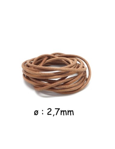 Cordon cuir rond de couleur marron naturel clair 2,7mm