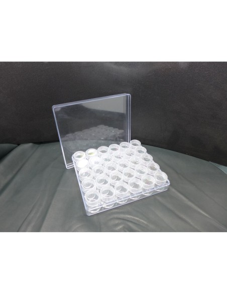 Boite de rangement avec 30 petites boites rondes fermeture vis en plexiglas rigide