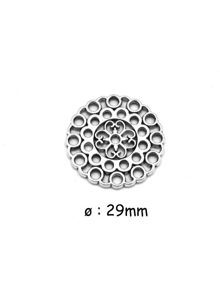 perle connecteur rosace en métal argenté 29mm