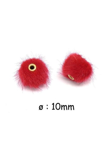 perle pompon ronde 10mm rouge rose imitation fourrure